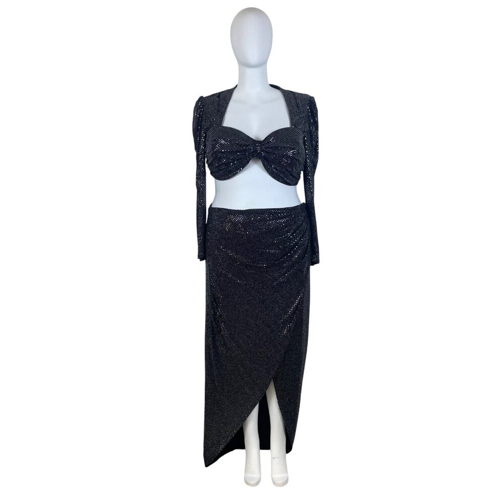 FTF Black Metallic Women’s 3-Piece Sparkling Crop Top Jacket & Maxi Skirt Set OS